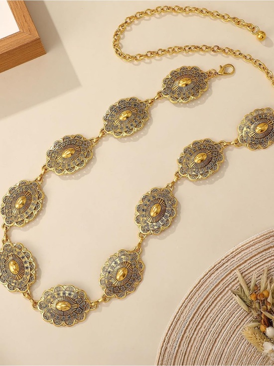 Western Vintage Boho Gold Floral Link Waist Chain Belt